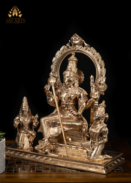 15" Bronze Murugan Seated on an Ornate Throne with Consort Deivanai and a Saint