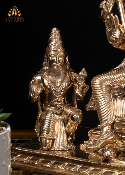 15" Bronze Murugan Seated on an Ornate Throne with Consort Deivanai and a Saint