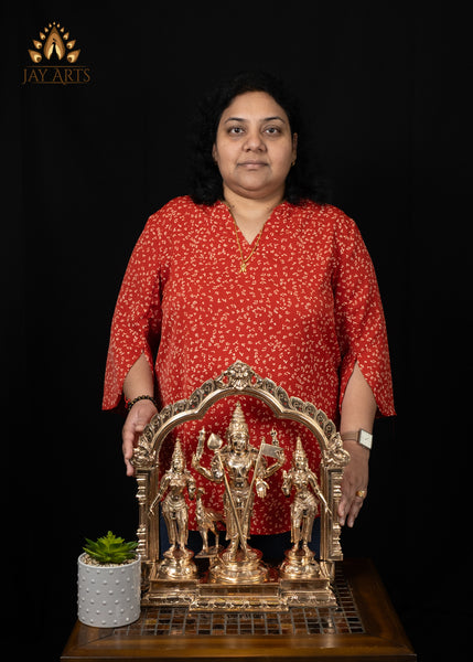 16" Panchaloha Bronze Murugan with Valli Deivanai and Peacock – Temple Style Set