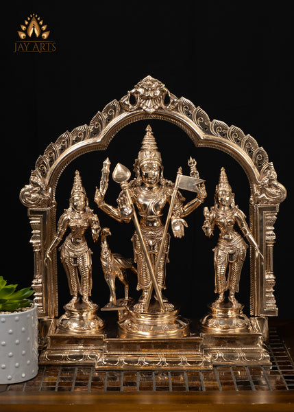16" Panchaloha Bronze Murugan with Valli Deivanai and Peacock – Temple Style Set