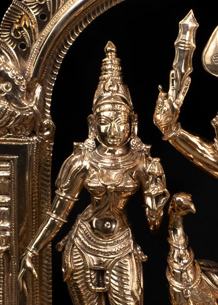 16" Panchaloha Bronze Murugan with Valli Deivanai and Peacock – Temple Style Set