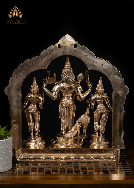 16" Panchaloha Bronze Murugan with Valli Deivanai and Peacock – Temple Style Set