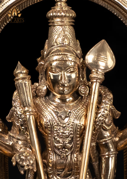 15" Temple Style Bronze Murugan with Shakti Vel and Staff Intricately Detailed