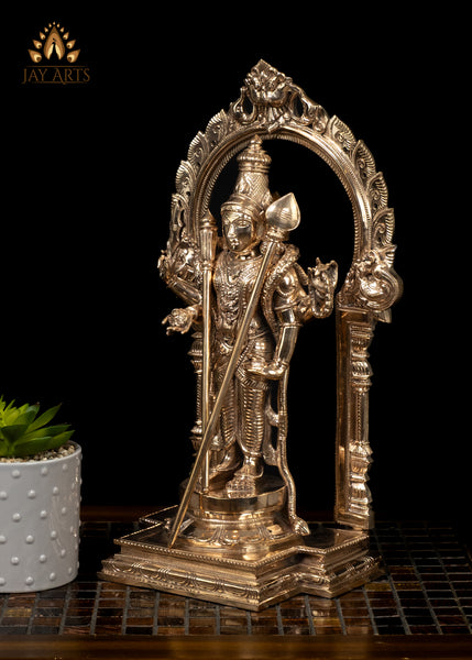 15" Temple Style Bronze Murugan with Shakti Vel and Staff Intricately Detailed