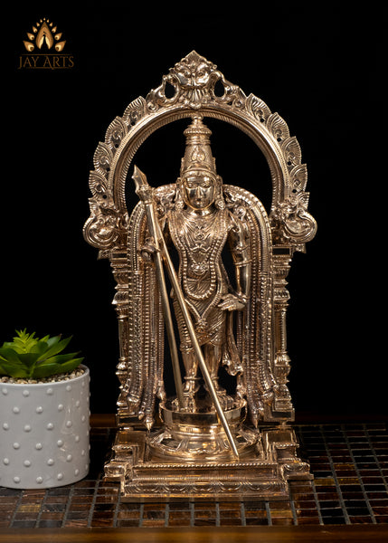 15" Bronze Murugan Swamimalai Temple Style with Staff and Ornate Arch