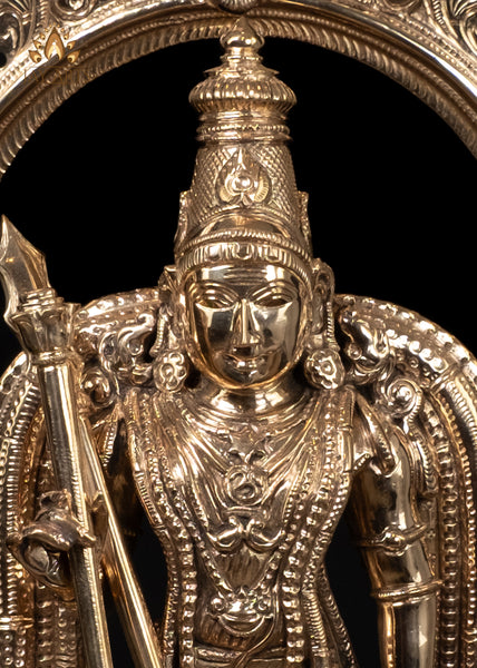 15" Bronze Murugan Swamimalai Temple Style with Staff and Ornate Arch
