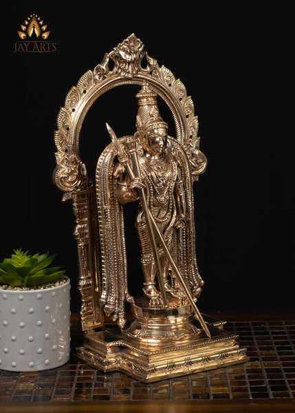 15" Bronze Murugan Swamimalai Temple Style with Staff and Ornate Arch