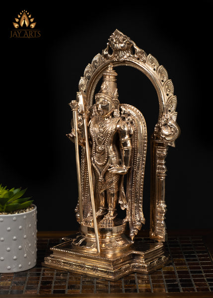 15" Bronze Murugan Swamimalai Temple Style with Staff and Ornate Arch