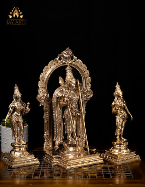 15" Finely Detailed Murugan with Prabhavali and Consorts Valli & Deivanai Traditional Set