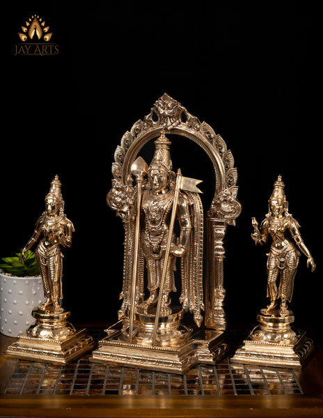 15" Finely Detailed Murugan with Prabhavali and Consorts Valli & Deivanai Traditional Set