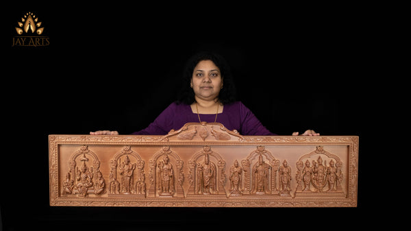 54" Murugan Six Abodes Wood Carving Wall Panel with Temple-Style Designs & Floral Motif Border | Sacred Art
