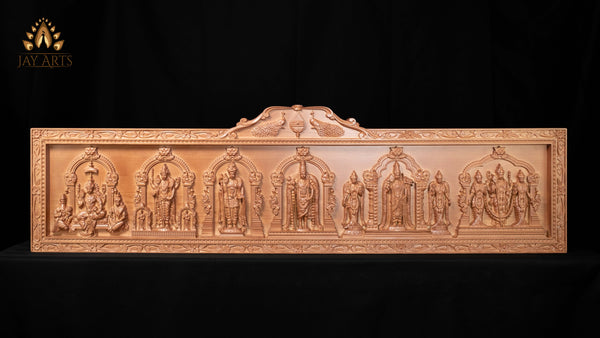 54" Murugan Six Abodes Wood Carving Wall Panel with Temple-Style Designs & Floral Motif Border | Sacred Art