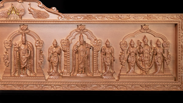 54" Murugan Six Abodes Wood Carving Wall Panel with Temple-Style Designs & Floral Motif Border | Sacred Art