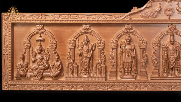 54" Murugan Six Abodes Wood Carving Wall Panel with Temple-Style Designs & Floral Motif Border | Sacred Art