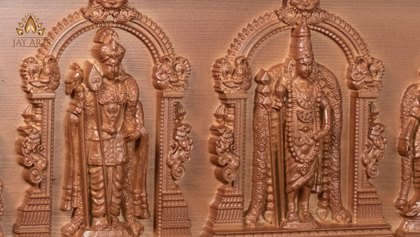 54" Murugan Six Abodes Wood Carving Wall Panel with Temple-Style Designs & Floral Motif Border | Sacred Art