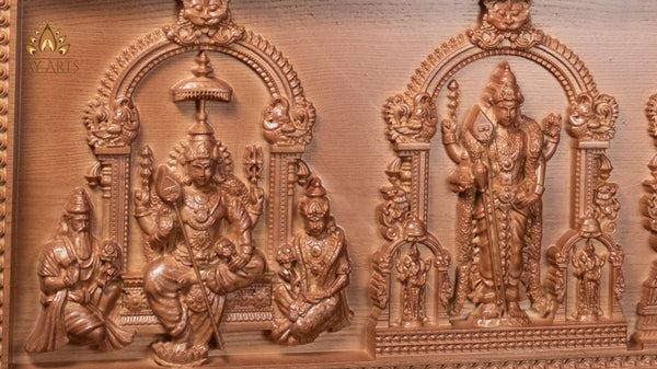 54" Murugan Six Abodes Wood Carving Wall Panel with Temple-Style Designs & Floral Motif Border | Sacred Art