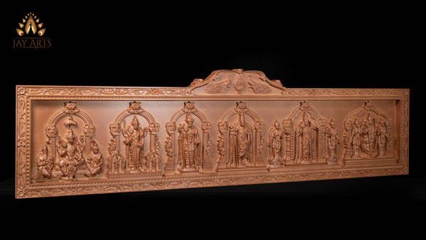 54" Murugan Six Abodes Wood Carving Wall Panel with Temple-Style Designs & Floral Motif Border | Sacred Art