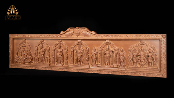 54" Murugan Six Abodes Wood Carving Wall Panel with Temple-Style Designs & Floral Motif Border | Sacred Art