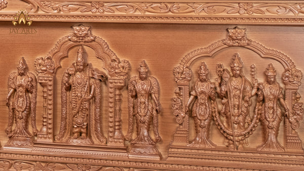 54" Murugan Six Abodes Wood Carving Wall Panel with Temple-Style Designs & Floral Motif Border | Sacred Art