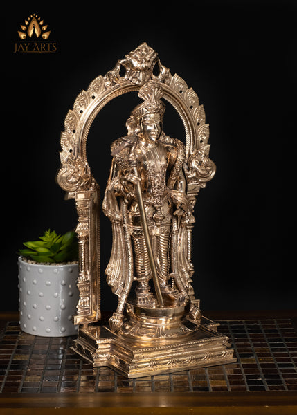 15" Exquisitely Detailed Bronze Murugan in Divine King Form with Ornate Arch