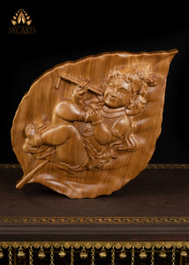 Baby Krishna on a Peepal Leaf 15 H x 10 W - Krishna Wood Carving - Aalilai Kannan Wall Art