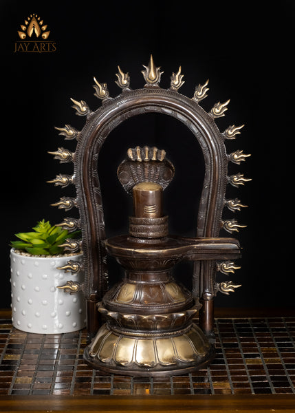 14" Brass Shiva Lingam Statue with Serpent in Dual-Tone Finish