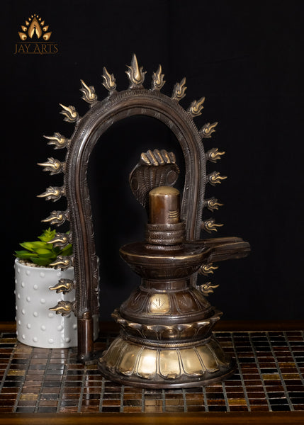 14" Brass Shiva Lingam Statue with Serpent in Dual-Tone Finish