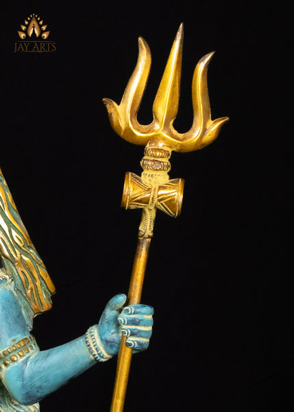 21" Brass Standing Neelakandan Shiva Statue with Tall Trident and Blue Patina Finish