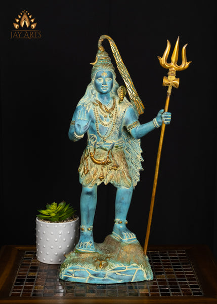 21" Brass Standing Neelakandan Shiva Statue with Tall Trident and Blue Patina Finish