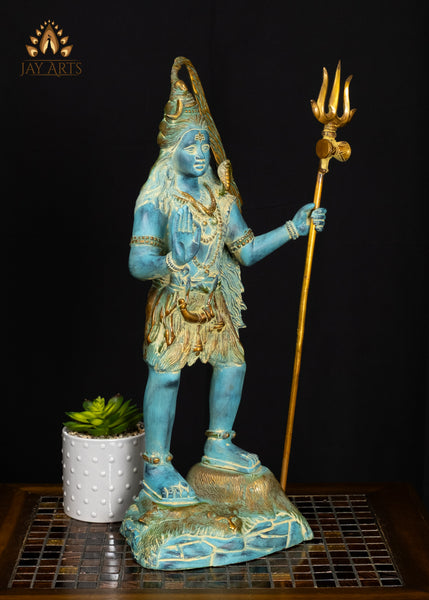 21" Brass Standing Neelakandan Shiva Statue with Tall Trident and Blue Patina Finish