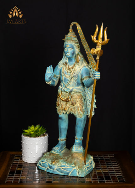 21" Brass Standing Neelakandan Shiva Statue with Tall Trident and Blue Patina Finish