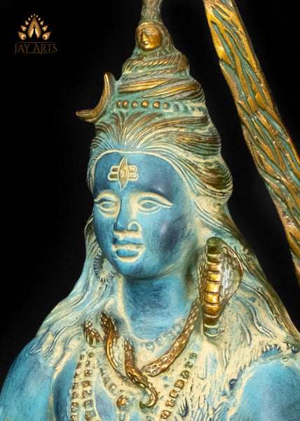 21" Brass Standing Neelakandan Shiva Statue with Tall Trident and Blue Patina Finish
