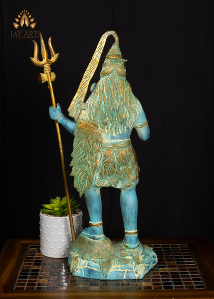 21" Brass Standing Neelakandan Shiva Statue with Tall Trident and Blue Patina Finish
