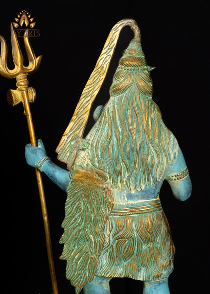 21" Brass Standing Neelakandan Shiva Statue with Tall Trident and Blue Patina Finish