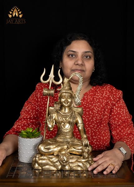 15" Brass Lord Shiva Seated on Tiger Pedestal with Trident Divine Hindu Statue