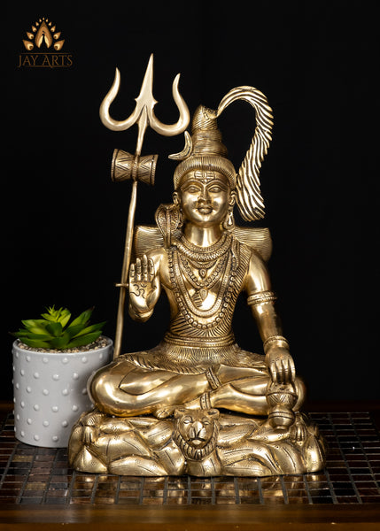 15" Brass Lord Shiva Seated on Tiger Pedestal with Trident Divine Hindu Statue