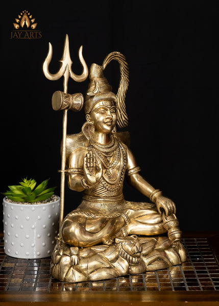 15" Brass Lord Shiva Seated on Tiger Pedestal with Trident Divine Hindu Statue