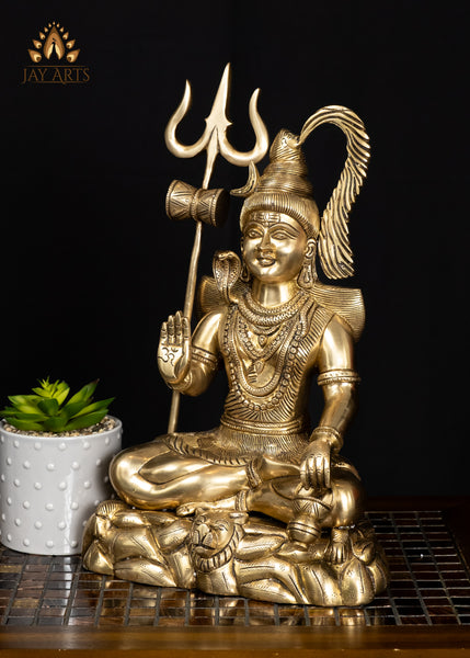 15" Brass Lord Shiva Seated on Tiger Pedestal with Trident Divine Hindu Statue