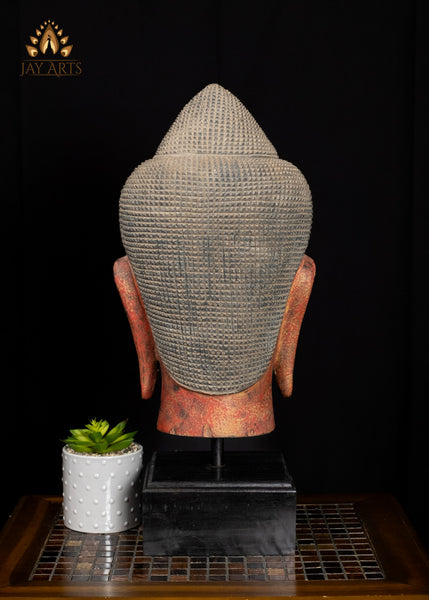 22" Tranquil Wood Buddha Head on Wooden Base Hand-Carved in Cambodia