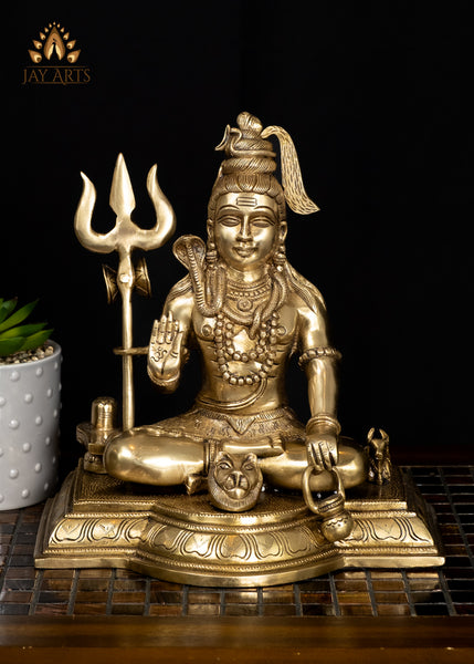 10" Brass Lord Shiva Sitting on Tiger Head with Shiva Lingam and Nandi