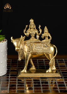 Lord Shiva and Parvati seated on Nandi (Vrisharudhamurti) - 6" Brass Shiva Statue
