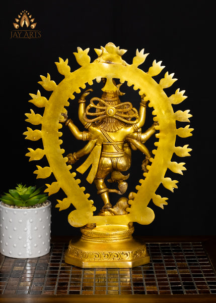 16" Brass Urdhva Tandava Shiva Statue with a Radiant Golden Glow