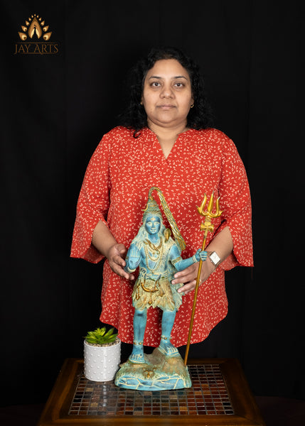 21" Brass Standing Neelakandan Shiva Statue with Tall Trident and Blue Patina Finish
