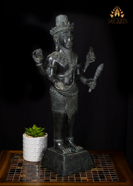 22" Bronze Four-Armed Shiva Sculpture in Black – Cambodian Hindu Art