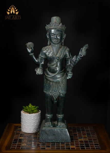 22" Cambodian Style Standing Shiva with Four Arms in Green Patina – Khmer Hindu Art