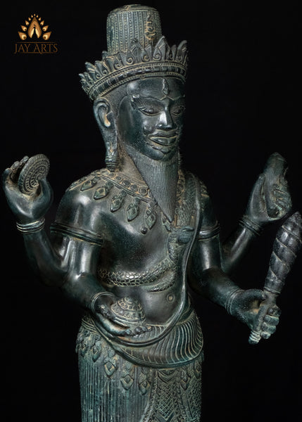 22" Cambodian Style Standing Shiva with Four Arms in Green Patina – Khmer Hindu Art