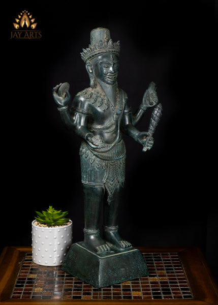22" Cambodian Style Standing Shiva with Four Arms in Green Patina – Khmer Hindu Art