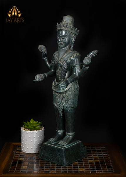 22" Cambodian Style Standing Shiva with Four Arms in Green Patina – Khmer Hindu Art