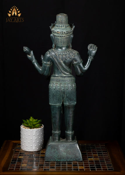22" Cambodian Style Standing Shiva with Four Arms in Green Patina – Khmer Hindu Art