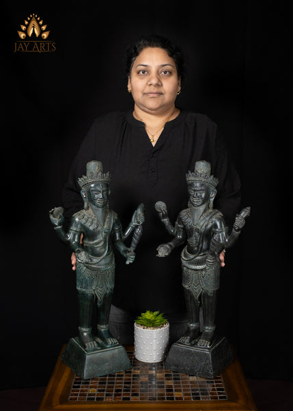 22" Cambodian Style Standing Shiva with Four Arms in Green Patina – Khmer Hindu Art